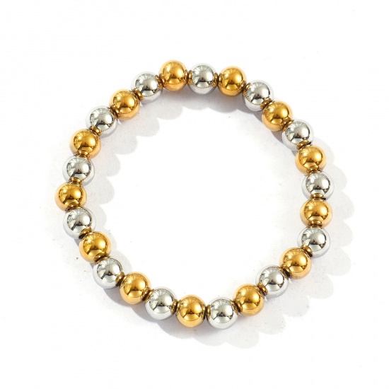 Bild von Großhandel Elastisch 8mm 304 Edelstahl Armbänder mit Blasenperlen, Silberfarben & 18K Vergoldet Umweltfreundliche PVD-Vakuumbeschichtung, Unisex Einfach Elegant Geschenk Schmuckbedarf 20cm lang, 1 Strang