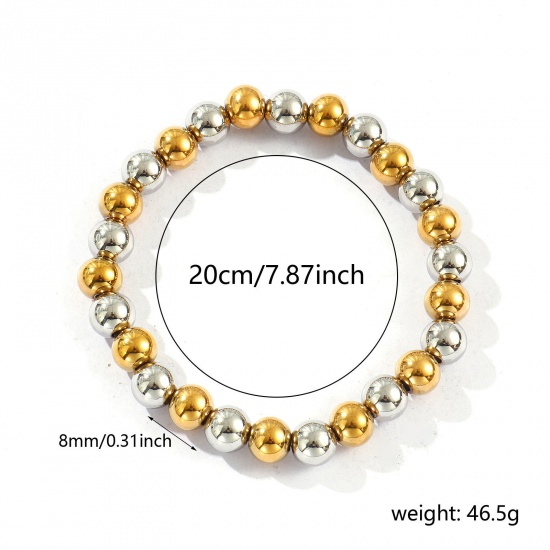 Bild von Großhandel Elastisch 8mm 304 Edelstahl Armbänder mit Blasenperlen, Silberfarben & 18K Vergoldet Umweltfreundliche PVD-Vakuumbeschichtung, Unisex Einfach Elegant Geschenk Schmuckbedarf 20cm lang, 1 Strang