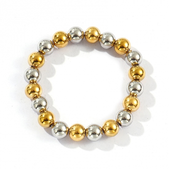Bild von Großhandel Elastisch 10mm 304 Edelstahl Armbänder mit Blasenperlen, Silberfarben & 18K Vergoldet Umweltfreundliche PVD-Vakuumbeschichtung, Unisex Einfach Elegant Geschenk Schmuckbedarf 20cm lang, 1 Strang