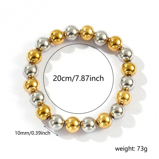 Bild von Großhandel Elastisch 10mm 304 Edelstahl Armbänder mit Blasenperlen, Silberfarben & 18K Vergoldet Umweltfreundliche PVD-Vakuumbeschichtung, Unisex Einfach Elegant Geschenk Schmuckbedarf 20cm lang, 1 Strang