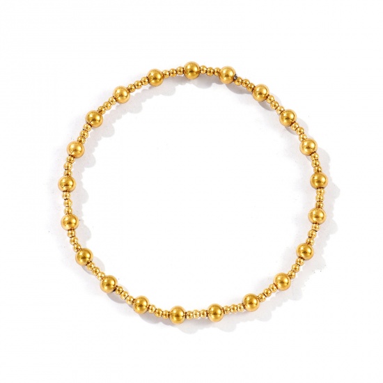 Imagen de Al Por Mayor Elástico 2mm+4mm 304 Acero Inoxidable Pulseras de Cuentas, Chapado en Oro de 18K Recubrimiento al Vacío PVD Ecológico, Unisex Sencillo Elegante Regalo Suministro de Joyería 17cm longitud, 1 Unidad