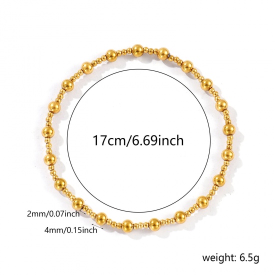 Imagen de Al Por Mayor Elástico 2mm+4mm 304 Acero Inoxidable Pulseras de Cuentas, Chapado en Oro de 18K Recubrimiento al Vacío PVD Ecológico, Unisex Sencillo Elegante Regalo Suministro de Joyería 17cm longitud, 1 Unidad