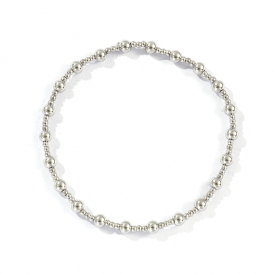 Imagen de Al Por Mayor Elástico 2mm+4mm 304 Acero Inoxidable Pulseras de Cuentas, Tono de Plata Respetuoso del Medio Ambiente, Unisex Sencillo Elegante Regalo Suministro de Joyería 17cm longitud, 1 Unidad