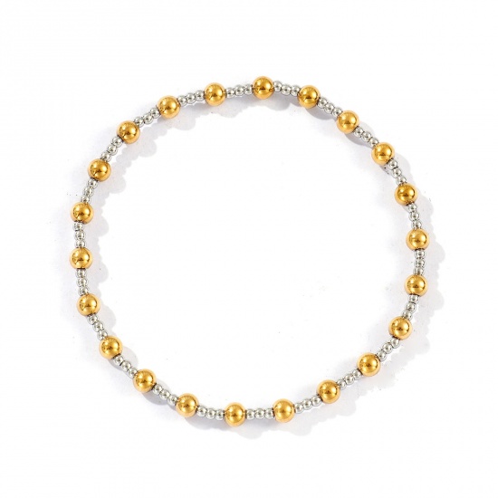 Imagen de Al Por Mayor Elástico 2mm+4mm 304 Acero Inoxidable Pulseras de Cuentas, Plata y Chapado en Oro de 18K Recubrimiento al Vacío PVD Ecológico, Unisex Sencillo Elegante Regalo Suministro de Joyería 17cm longitud, 1 Unidad