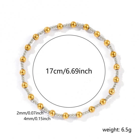 Imagen de Al Por Mayor Elástico 2mm+4mm 304 Acero Inoxidable Pulseras de Cuentas, Plata y Chapado en Oro de 18K Recubrimiento al Vacío PVD Ecológico, Unisex Sencillo Elegante Regalo Suministro de Joyería 17cm longitud, 1 Unidad