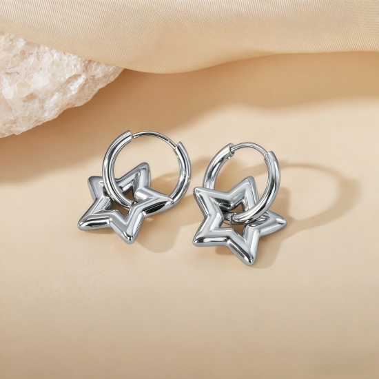 Picture of Wholesale Stylish Dainty Huggie Hoop Earrings, Pentagram Star Silver Tone 304 Stainless Steel, Women's Eco-friendly Gift Jewelry Supply 10mm Dia., 1 Pair