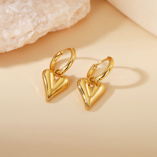 Picture of Wholesale Valentine's Day Dainty Huggie Hoop Earrings, Heart 18K Gold Plated 304 Stainless Steel, Women's Eco-friendly Gift Jewelry Supply 10mm Dia., 1 Pair