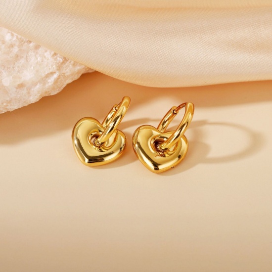 Picture of Wholesale Valentine's Day Dainty Huggie Hoop Earrings, Heart 18K Gold Plated 304 Stainless Steel, Women's Eco-friendly Gift Jewelry Supply 10mm Dia., 1 Pair