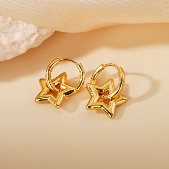 Picture of Wholesale Stylish Dainty Huggie Hoop Earrings, Pentagram Star 18K Gold Plated 304 Stainless Steel, Women's Eco-friendly Gift Jewelry Supply 10mm Dia., 1 Pair