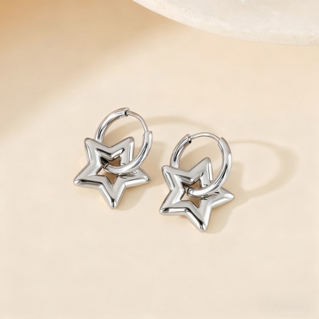 Picture of Wholesale Stylish Dainty Huggie Hoop Earrings, Pentagram Star Silver Tone 304 Stainless Steel, Women's Eco-friendly Gift Jewelry Supply 10mm Dia., 1 Pair