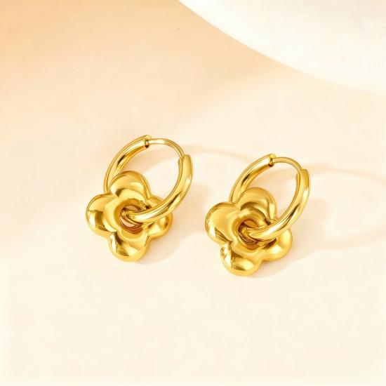 Picture of Wholesale Stylish Dainty Huggie Hoop Earrings, Four Leaf Clover 18K Gold Plated 304 Stainless Steel, Women's Eco-friendly Gift Jewelry Supply 10mm Dia., 1 Pair