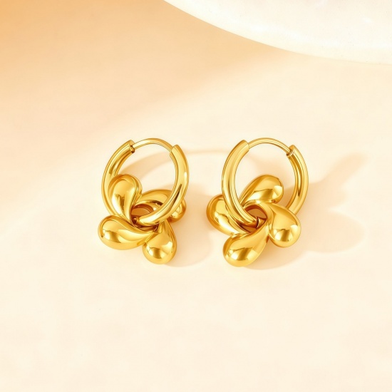 Picture of Wholesale Stylish Dainty Huggie Hoop Earrings, Four Leaf Clover 18K Gold Plated 304 Stainless Steel, Women's Eco-friendly Gift Jewelry Supply 10mm Dia., 1 Pair