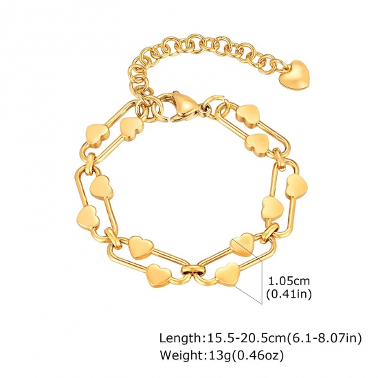 Bild von Großhandel Herz Büroklammerkette Armband, 18K Vergoldet 201 Edelstahl, Frauen Umweltfreundlich Valentinstag Elegant Geschenk Schmuck für den Einzelhandel 15.5cm lang, 1 Strang