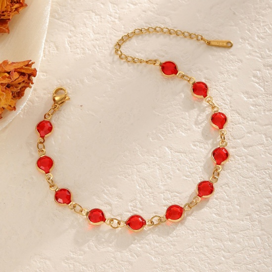 Bild von Großhandel Rot Strassstein Handgefertigte Gliederkette Armband, 18K Vergoldet 304 Edelstahl, Frauen Umweltfreundliche PVD-Vakuumbeschichtung Valentinstag Elegant Geschenk Schmuckbedarf 17cm lang, 1 Strang