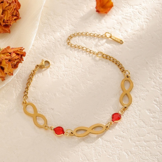 Bild von Großhandel Unendlichkeit Symbol Rot Strassstein Handgefertigte Gliederkette Charm-Armbänder, 18K Vergoldet 304 Edelstahl, Frauen Umweltfreundliche PVD-Vakuumbeschichtung Valentinstag Elegant Geschenk Schmuckbedarf 17cm lang, 1 Strang