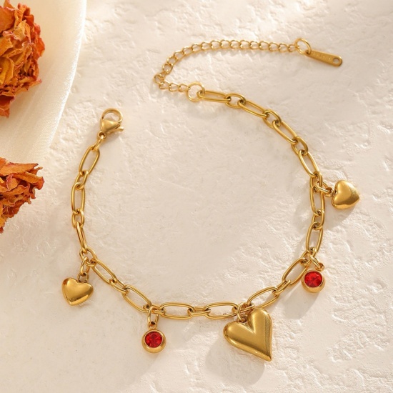 Bild von Großhandel Herz Rot Strassstein Büroklammerkette Charm-Armbänder, 18K Vergoldet 304 Edelstahl, Frauen Umweltfreundliche PVD-Vakuumbeschichtung Valentinstag Elegant Geschenk Schmuckbedarf 17cm lang, 1 Strang