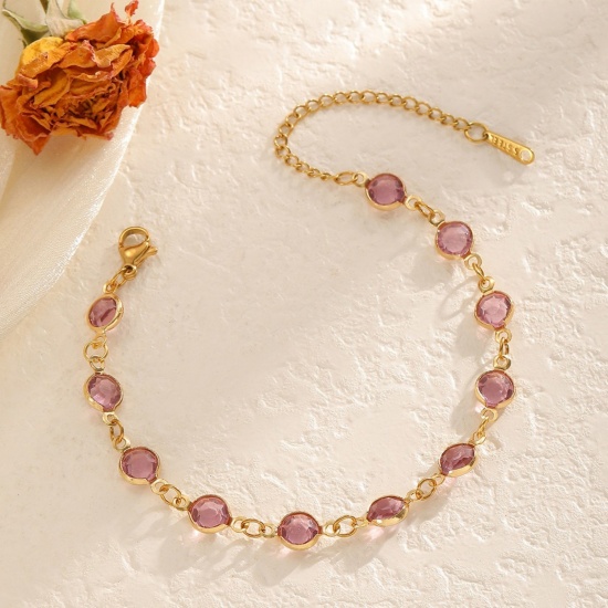 Bild von Großhandel Amethyst Strassstein Handgefertigte Gliederkette Armband, 18K Vergoldet 304 Edelstahl, Frauen Umweltfreundliche PVD-Vakuumbeschichtung Valentinstag Elegant Geschenk Schmuckbedarf 17cm lang, 1 Strang