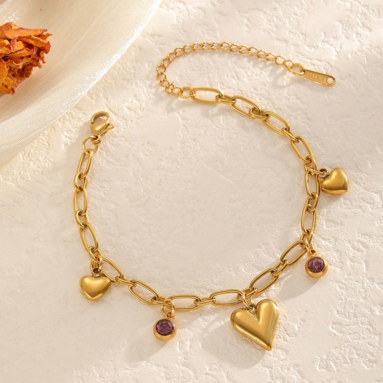 Bild von Großhandel Herz Amethyst Strassstein Büroklammerkette Charm-Armbänder, 18K Vergoldet 304 Edelstahl, Frauen Umweltfreundliche PVD-Vakuumbeschichtung Valentinstag Elegant Geschenk Schmuckbedarf 17cm lang, 1 Strang