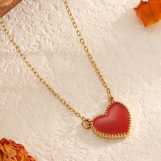 Imagen de Al Por Mayor Corazón Rojo Esmalte Collar con Colgante, Chapado en Oro de 18K 304 Acero Inoxidable Cadena de Cable Cruz, Mujeres Recubrimiento al Vacío PVD Ecológico día de San Valentín Elegante Regalo Joyería Para Venta 40cm + 7cm longitud, 1 Unidad