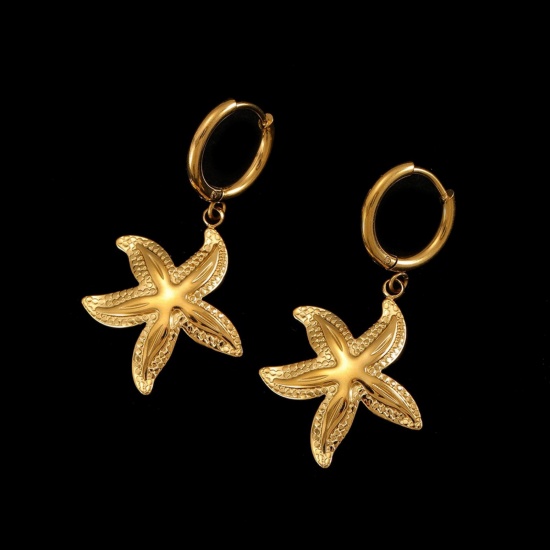 Immagine di All'Ingrosso Gioielli Oceanici Elegante Orecchini Circolari, Stella di Mare Placcato Oro 18K 304 Acciaio Inossidabile, Donne Placcatura Sottovuoto PVD Ecologica Regalo Fornitura di Gioielli 12mm Dia., 1 Paio