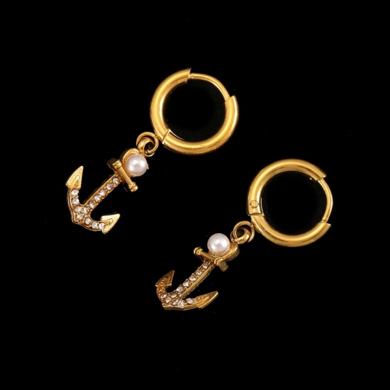 Immagine di All'Ingrosso Gioielli Oceanici Elegante Orecchini Circolari, Ancora Placcato Oro 18K 304 Acciaio Inossidabile, Donne Placcatura Sottovuoto PVD Ecologica Regalo Fornitura di Gioielli 12mm Dia., 1 Paio