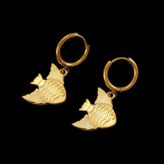 Immagine di All'Ingrosso Gioielli Oceanici Elegante Orecchini Circolari, Pesci tropicali Placcato Oro 18K 304 Acciaio Inossidabile, Donne Placcatura Sottovuoto PVD Ecologica Regalo Fornitura di Gioielli 12mm Dia., 1 Paio