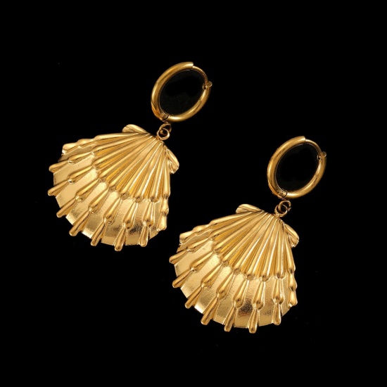 Immagine di All'Ingrosso Gioielli Oceanici Elegante Orecchini Circolari, Conchiglia Placcato Oro 18K 304 Acciaio Inossidabile, Donne Placcatura Sottovuoto PVD Ecologica Regalo Fornitura di Gioielli 12mm Dia., 1 Paio