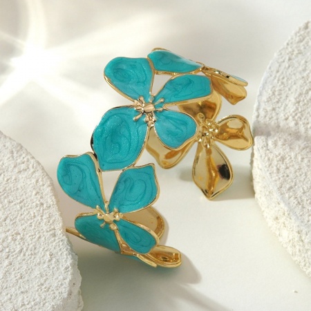 Picture of Wholesale Flower Green Blue Enamel Open Cuff Bangles Bracelets, 18K Gold Plated 304 Stainless Steel, Women's Eco-friendly PVD Vacuum Plating Flora Collection Stylish Gift Jewelry Supply 5.5cm Dia., 1 Piece