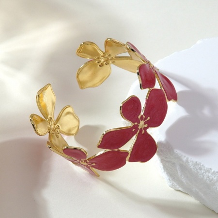 Picture of Wholesale Flower Red Enamel Open Cuff Bangles Bracelets, 18K Gold Plated 304 Stainless Steel, Women's Eco-friendly PVD Vacuum Plating Flora Collection Stylish Gift Jewelry Supply 5.5cm Dia., 1 Piece
