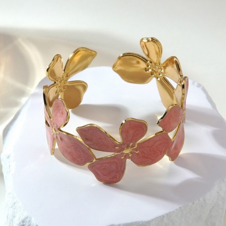 Picture of Wholesale Flower Rose Red Enamel Open Cuff Bangles Bracelets, 18K Gold Plated 304 Stainless Steel, Women's Eco-friendly PVD Vacuum Plating Flora Collection Stylish Gift Jewelry Supply 5.5cm Dia., 1 Piece