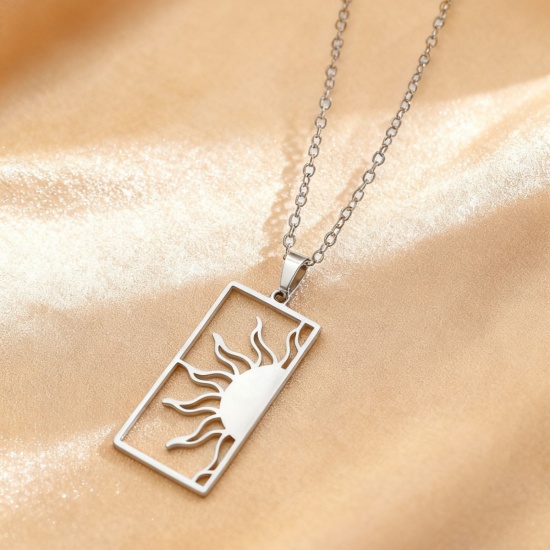 Picture of Wholesale Sun Pendant Charm Necklace, Silver Tone 304 Stainless Steel Link Cable Chain, Couple's Eco-friendly Galaxy Dainty Gift Jewelry For Retailer 40cm(15.7") + 6cm(2.4") long, 1 Piece