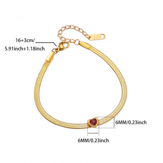 Picture of Wholesale Heart Wine Red Rhinestone January Birthstone Flat Snake Chain Bracelets, 18K Gold Plated 304 Stainless Steel, Women's Eco-friendly PVD Vacuum Plating Birthstone Stylish Gift Jewelry Supply 16cm(6.3") long, 1 Piece