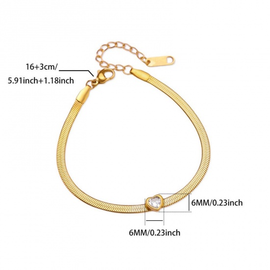 Picture of Wholesale Heart Clear Rhinestone April Birthstone Flat Snake Chain Bracelets, 18K Gold Plated 304 Stainless Steel, Women's Eco-friendly PVD Vacuum Plating Birthstone Stylish Gift Jewelry Supply 16cm(6.3") long, 1 Piece