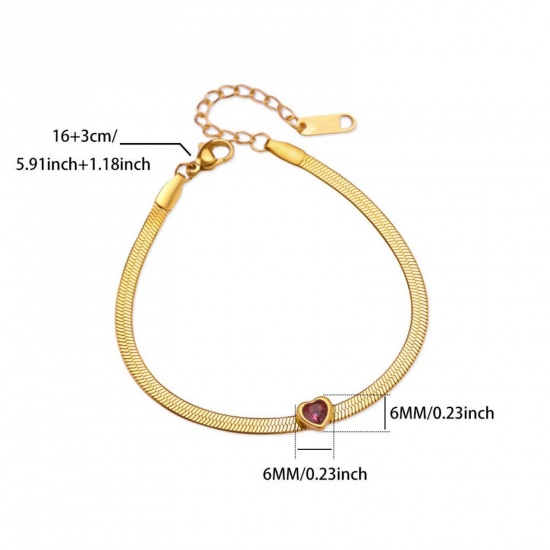 Picture of Wholesale Heart Red Rhinestone July Birthstone Flat Snake Chain Bracelets, 18K Gold Plated 304 Stainless Steel, Women's Eco-friendly PVD Vacuum Plating Birthstone Stylish Gift Jewelry Supply 16cm(6.3") long, 1 Piece