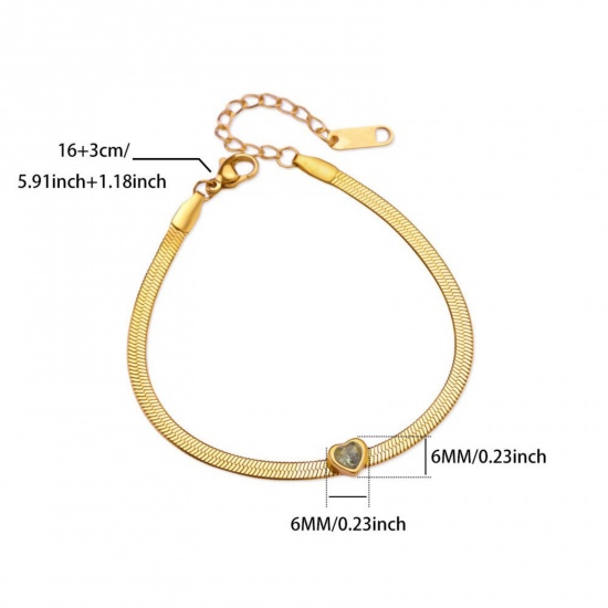 Picture of Wholesale Heart Olive Green Rhinestone August Birthstone Flat Snake Chain Bracelets, 18K Gold Plated 304 Stainless Steel, Women's Eco-friendly PVD Vacuum Plating Birthstone Stylish Gift Jewelry Supply 16cm(6.3") long, 1 Piece