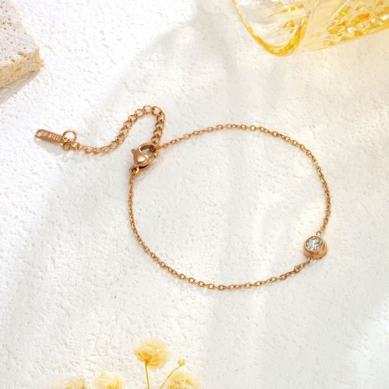 Image de de Gros Bracelets Or Rose en 304 Acier Inoxydable, à Strass Transparent Chaîne Maille Forçat aux Femmes Placage sous Vide Élégant Élégant Cadeau Fournitures de Bijoux 16cm long, 1 Pièce