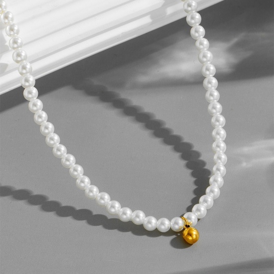 Picture of Wholesale White Imitation Pearl Beaded Necklace, Gold Plated 304 Stainless Steel & Acrylic, Women's Eco-friendly PVD Vacuum Plating Stylish Dainty Gift Jewelry For Retailer 40cm(15.7") + 5cm(2") long, 1 Piece