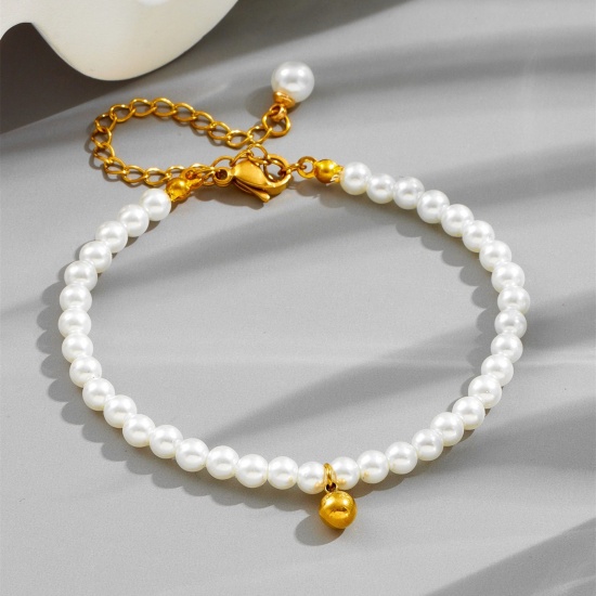 Picture of Wholesale White Imitation Pearl Beaded Bracelets, Gold Plated 304 Stainless Steel & Acrylic, Women's Eco-friendly PVD Vacuum Plating Stylish Dainty Gift Jewelry For Retailer 16cm(6.3") long, 1 Piece