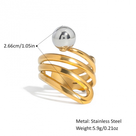Picture of Wholesale Women's Gift Ball Open Adjustable Rings, Silver Tone & 18K Gold Plated 304 Stainless Steel, Vacuum Plating Stylish Dainty Jewelry Supply 18mm(US Size 7.75), 1 Piece