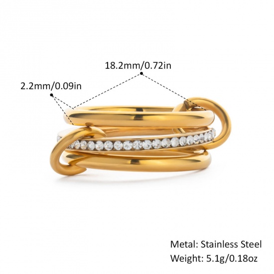 Picture of Wholesale Women's Gift Clear Rhinestone Multilayer Unadjustable Rings, 18K Gold Plated 304 Stainless Steel, Eco-friendly PVD Vacuum Plating Stylish Dainty Jewelry Supply 18.2mm(US Size 8), 1 Piece
