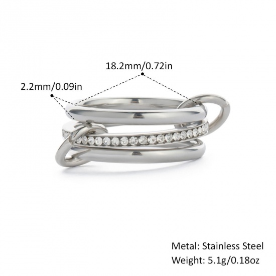 Picture of Wholesale Women's Gift Clear Rhinestone Multilayer Unadjustable Rings, Silver Tone 304 Stainless Steel, Eco-friendly Stylish Dainty Jewelry Supply 18.2mm(US Size 8), 1 Piece