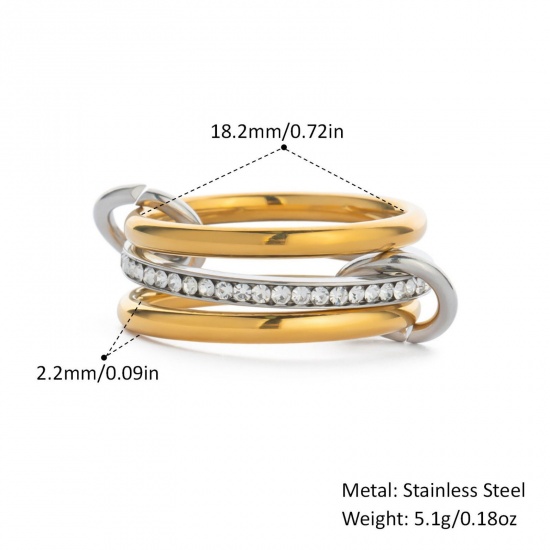 Picture of Wholesale Women's Gift Clear Rhinestone Multilayer Unadjustable Rings, Silver Tone & 18K Gold Plated 304 Stainless Steel, Eco-friendly PVD Vacuum Plating Stylish Dainty Jewelry Supply 18.2mm(US Size 8), 1 Piece