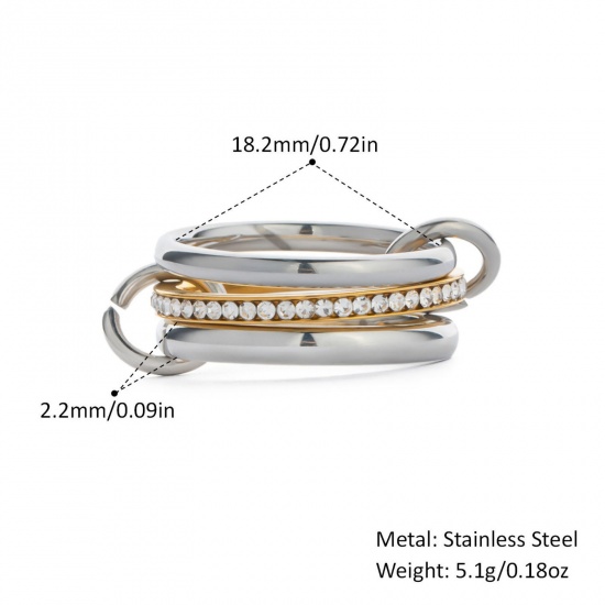 Picture of Wholesale Women's Gift Clear Rhinestone Multilayer Unadjustable Rings, Silver Tone & 18K Gold Plated 304 Stainless Steel, Eco-friendly PVD Vacuum Plating Stylish Dainty Jewelry Supply 18.2mm(US Size 8), 1 Piece