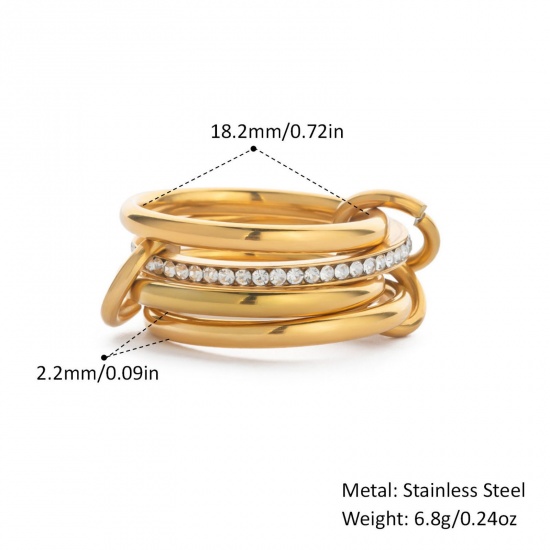 Picture of Wholesale Women's Gift Clear Rhinestone Multilayer Unadjustable Rings, 18K Gold Plated 304 Stainless Steel, Eco-friendly PVD Vacuum Plating Stylish Dainty Jewelry Supply 18.2mm(US Size 8), 1 Piece