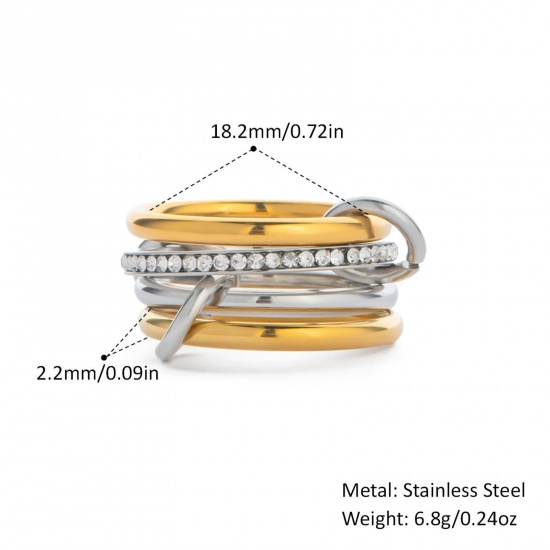 Picture of Wholesale Women's Gift Clear Rhinestone Multilayer Unadjustable Rings, Silver Tone & 18K Gold Plated 304 Stainless Steel, Eco-friendly PVD Vacuum Plating Stylish Dainty Jewelry Supply 18.2mm(US Size 8), 1 Piece