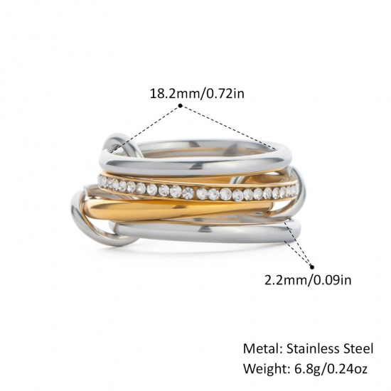 Picture of Wholesale Women's Gift Clear Rhinestone Multilayer Unadjustable Rings, Silver Tone & 18K Gold Plated 304 Stainless Steel, Eco-friendly PVD Vacuum Plating Stylish Dainty Jewelry Supply 18.2mm(US Size 8), 1 Piece