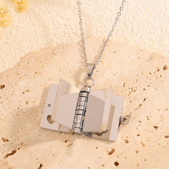 Picture of Wholesale Unique Openable Flip Page Book Customize Engraving Supported Pendant Charm Necklace, Silver Tone 304 Stainless Steel Link Cable Chain, Unisex Eco-friendly Creative Stylish Valentine's Day Jewelry For Retailer, 40cm(15.7") + 5cm(2") long, 1 Piece