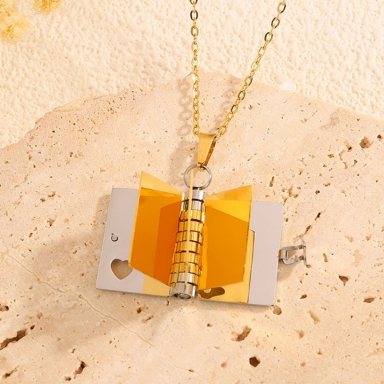 Picture of Wholesale Unique Openable Flip Page Book Customize Engraving Supported Pendant Charm Necklace, Silver Tone & 18K Gold Plated 304 Stainless Steel Link Cable Chain, Unisex Eco-friendly PVD Creative Stylish Valentine's Day Jewelry For Retailer, 40cm(15.7") + 5cm(2") long, 1 Piece