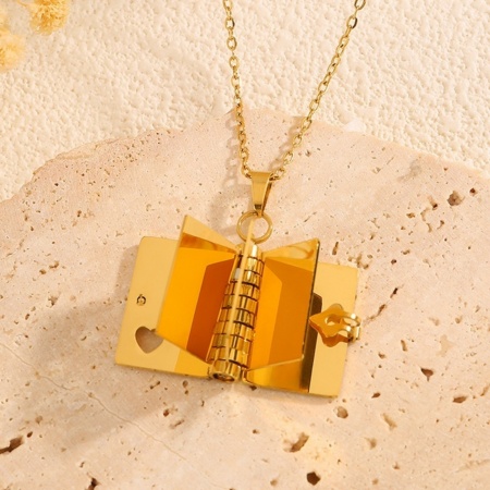 Immagine di Libro di Pagine Girevoli e Apribile Incisione Personalizzata Disponibile Collana con Ciondolo All'Ingrosso, Placcato Oro 18K 304 Acciaio Inossidabile Catena a Cavo, Unisex PVD Ecologica Creativo Elegante San Valentino Gioielli Per Rivenditore, 40cm + 5cm Lunghezza, 1 Pz