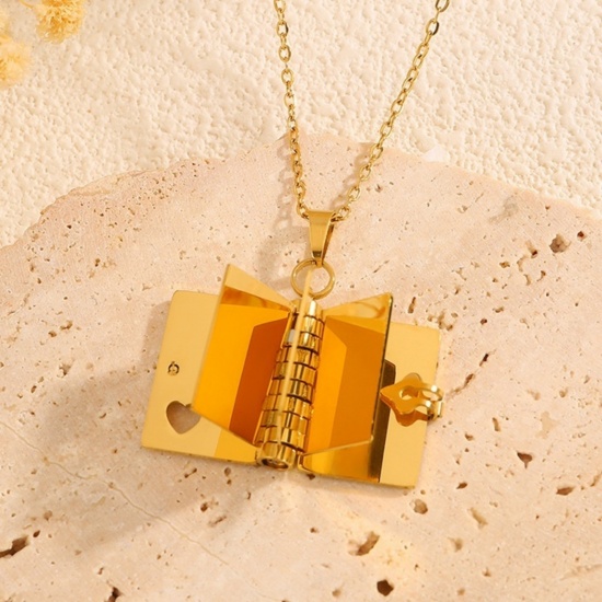 Picture of Wholesale Unique Openable Flip Page Book Customize Engraving Supported Pendant Charm Necklace, 18K Gold Plated 304 Stainless Steel Link Cable Chain, Unisex Eco-friendly PVD Creative Stylish Valentine's Day Jewelry For Retailer, 40cm(15.7") + 5cm(2") long, 1 Piece